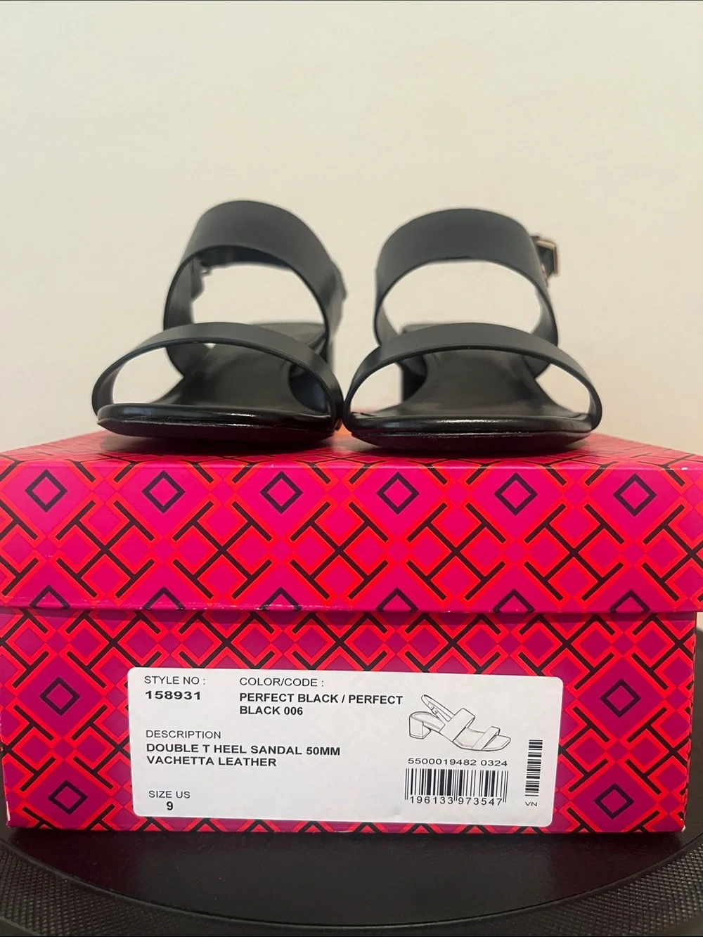Tory Burch Double T Heel Sandals Black Leather 50mm Block Heel Size 9